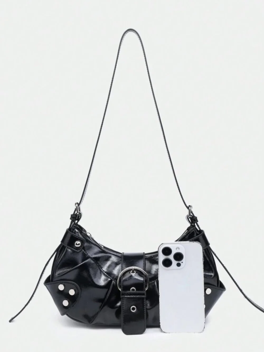 Black Studded Y2K Baguette Bag Vegan Leather Zip Top Handle Purse